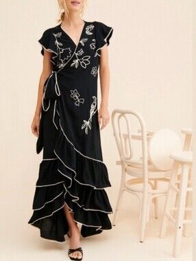 Especia Rowena Black Wrap Dress With Tiered Skirt And Embroidered Details